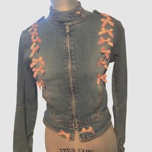 Hand Sewn Embellished XOXO Bomber Jean Jacket Bows And Pearls US Women's Size S